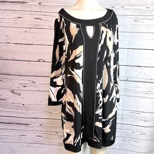 Gorgeous Dress / Tunic Size Large Black Tan Cream Fabric 3/4 Sleeves